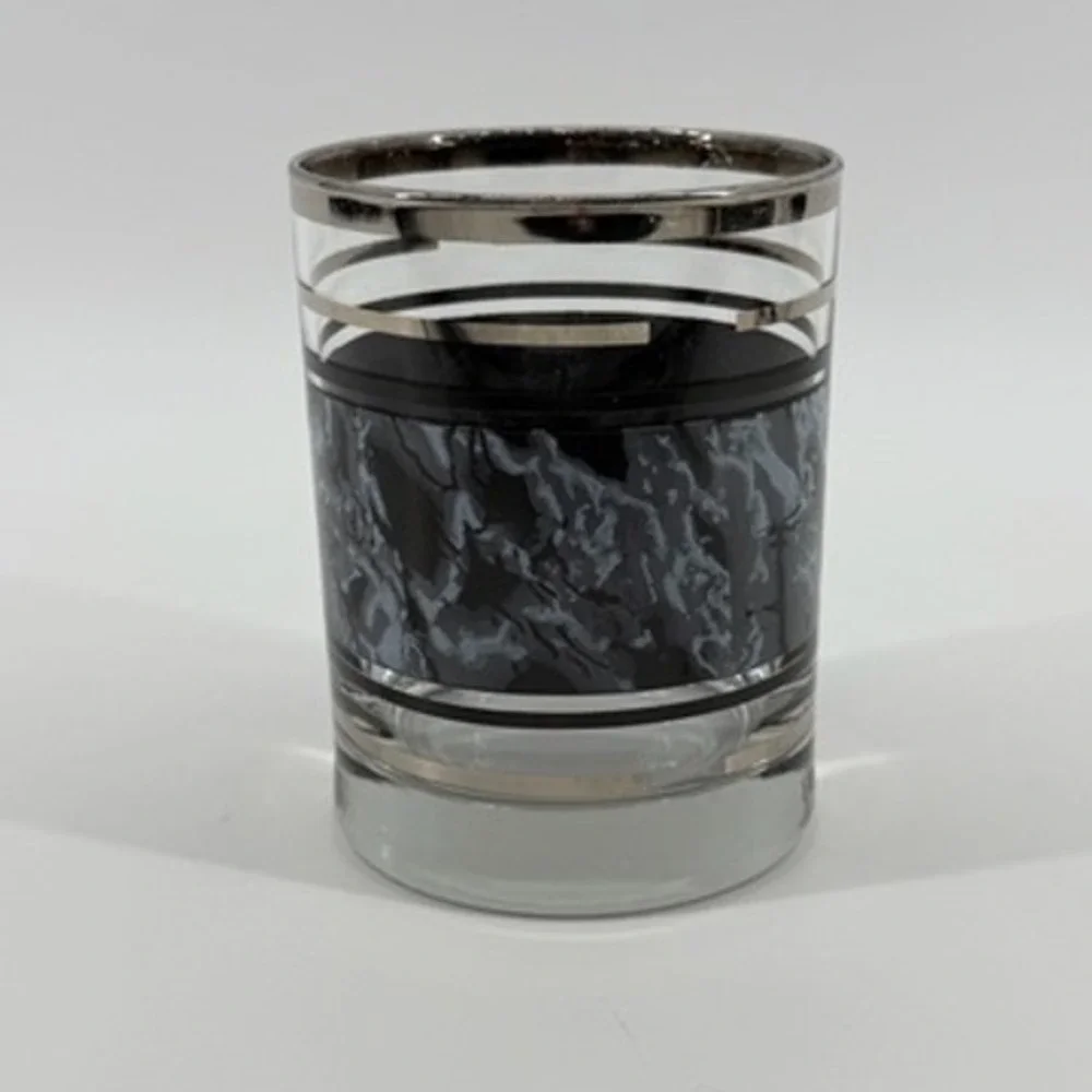 Vintage Whiskey Glass Black Marble Silver Stripe Barware Drinkware MCM